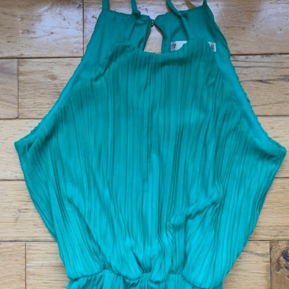 Anthropologie Petites Teal Pleated Maxi Dress | Halter | Size 8P - Picture 3 of 7